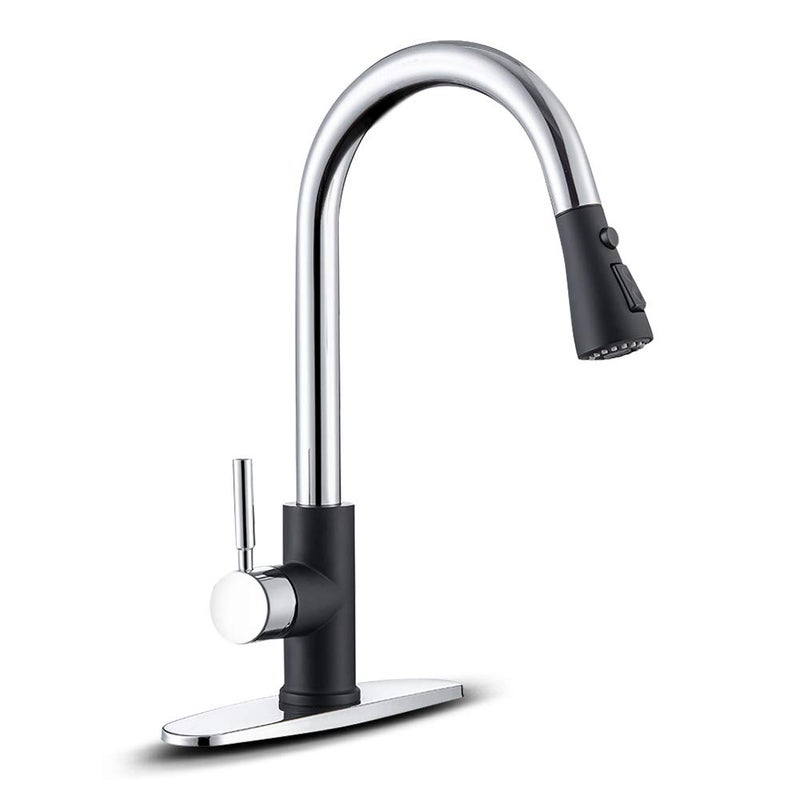 WEWE Kitchen Sink Faucet, Pull Down Kitchen Faucet, Black and Chrome Kitchen Faucet with Sprayer Stainless Steel Single Handle one or Three Hole for Laundry bar Kitchen Sinks - Image 1